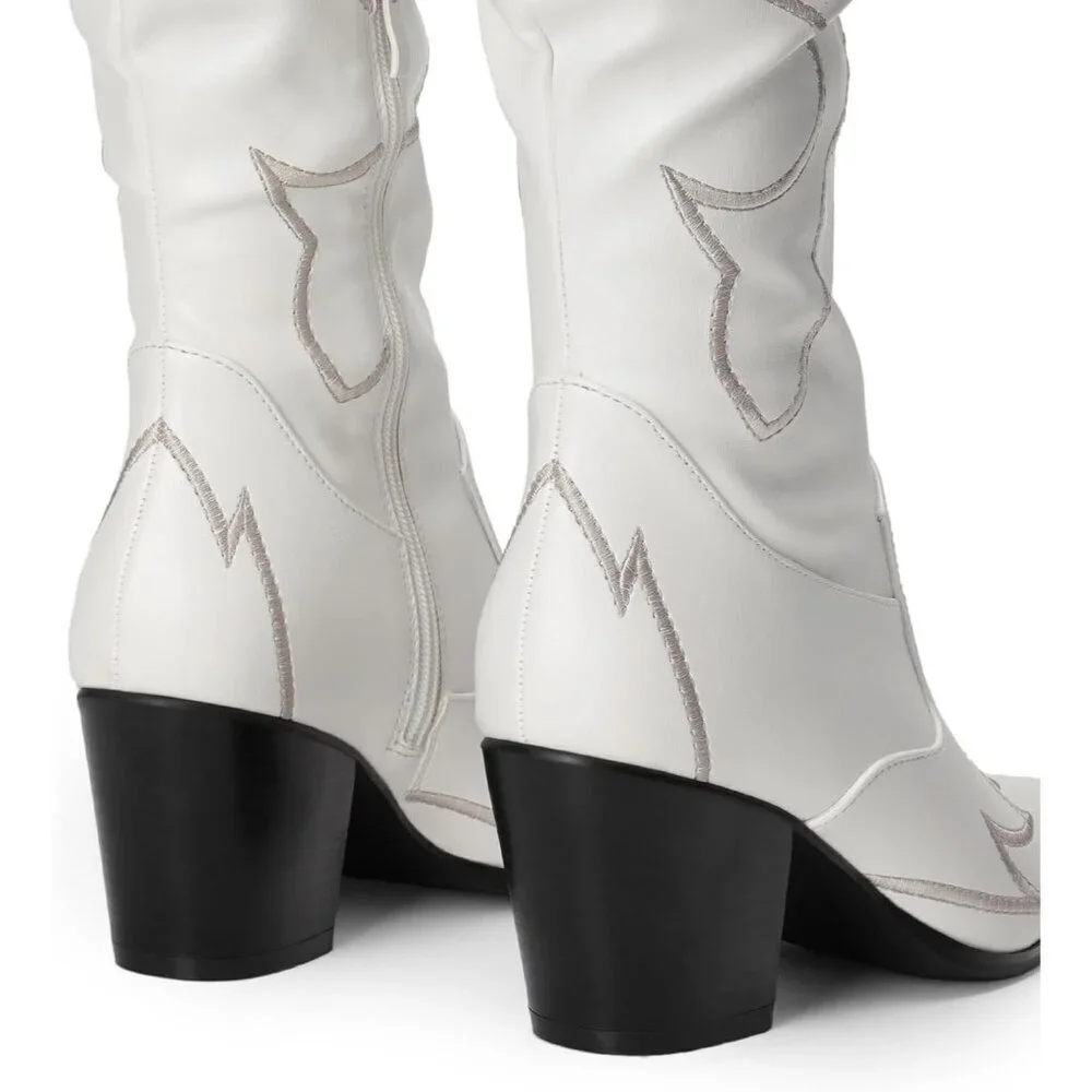 Women White Faux Suede Cowboy Boots Over The Knee Thigh High Western Boots